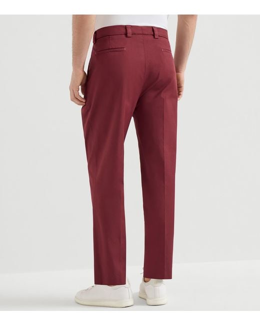 Brunello Cucinelli Red Stretch-Cotton Pleated Trousers for men