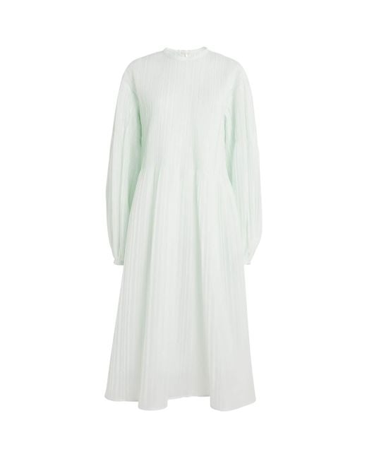 Jil Sander White Cotton Semi-Sheer Pleated Midi Dress