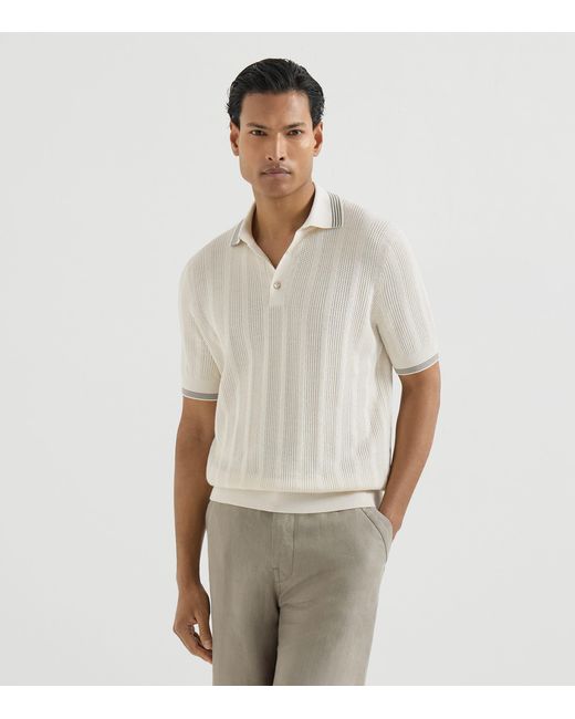 Brunello Cucinelli White Cotton Rib-Knit Polo Shirt for men