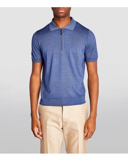 Canali Blue Wool-blend Half-zip Polo Shirt for men