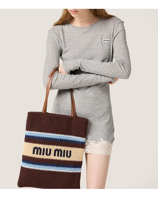 Miu Miu Brown Woven Raffia-Effect Tote Bag