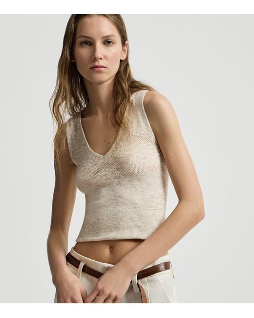 Brunello Cucinelli Natural Silk-Alpaca-Wool Lace-Detail Top