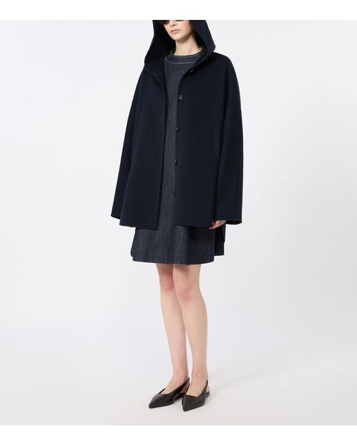 Max Mara Blue Virgin Wool Hooded Coat