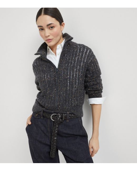 Brunello Cucinelli Black Sequin-Embellished High-Neck Cardigan