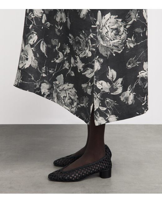 Eskandar Gray Linen Floral Scoop-Neck Midi Dress