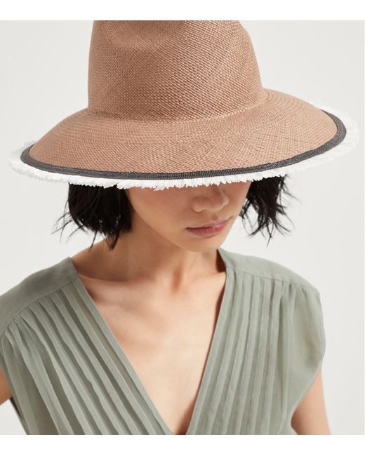 Brunello Cucinelli Brown Straw Embellished Fedora Hat