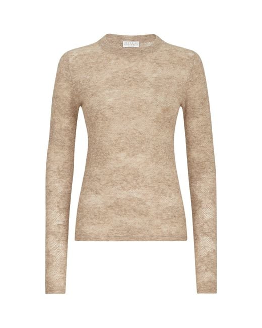 Brunello Cucinelli Natural Silk-Alpaca-Wool Lace-Detail Sweater