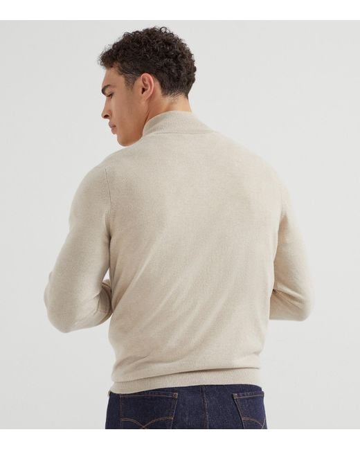 Brunello Cucinelli White Cashmere Quarter-Zip Sweater for men