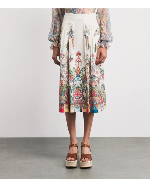 Etro White Cotton Paisley Pleated Midi Skirt