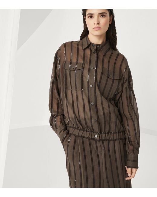 Brunello Cucinelli Brown Cotton Organza Dazzling Stripe Jacket