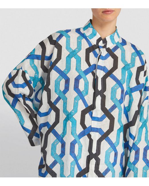 Eskandar Blue Linen Printed Longline Shirt