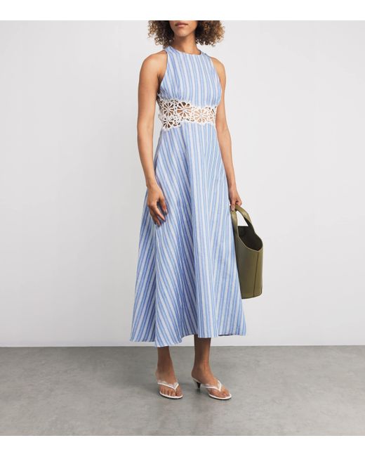 Sandro Blue Cotton-Linen Lace-Trim Midi Dress