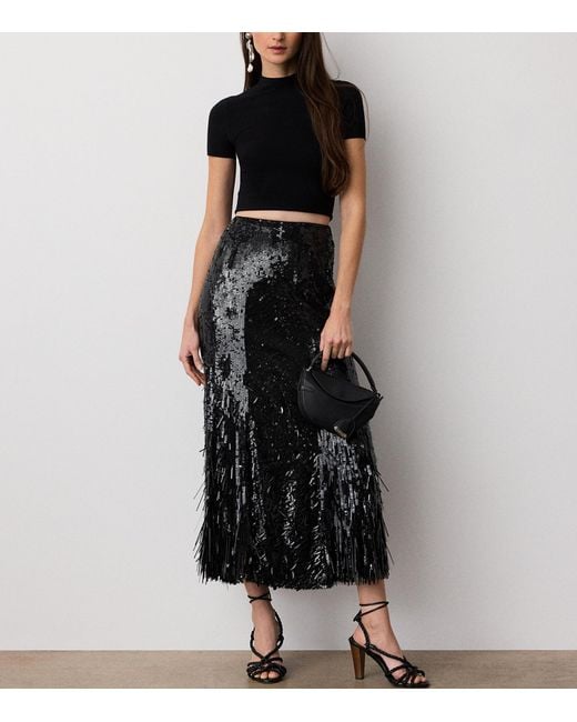 Ralph Lauren Black Tulle Embellished Milani Midi Skirt