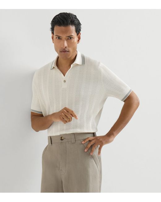 Brunello Cucinelli White Cotton Rib-Knit Polo Shirt for men