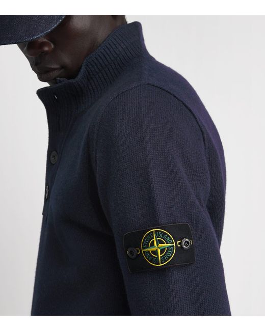 Stone Island Blue Wool-Blend Button-Up Sweater for men