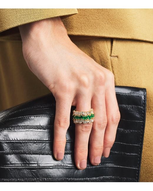 Suzanne Kalan Metallic Diamond And Emerald Triple Stack Eternity Band