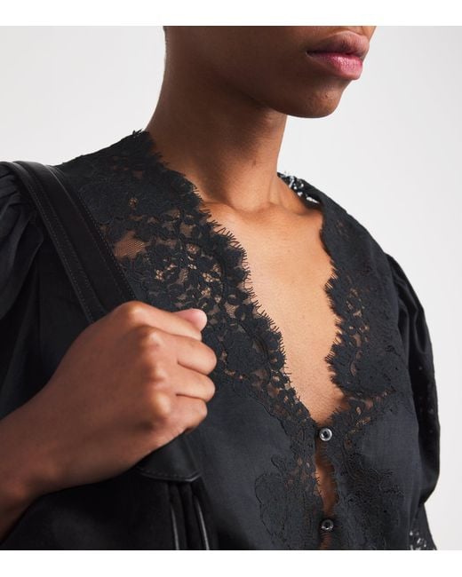 Doen Black Ramie Lace-Trim Idella Blouse