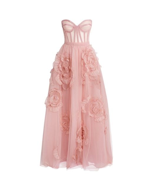 Zuhair Murad Pink Floral-appliqué Tulle Gown