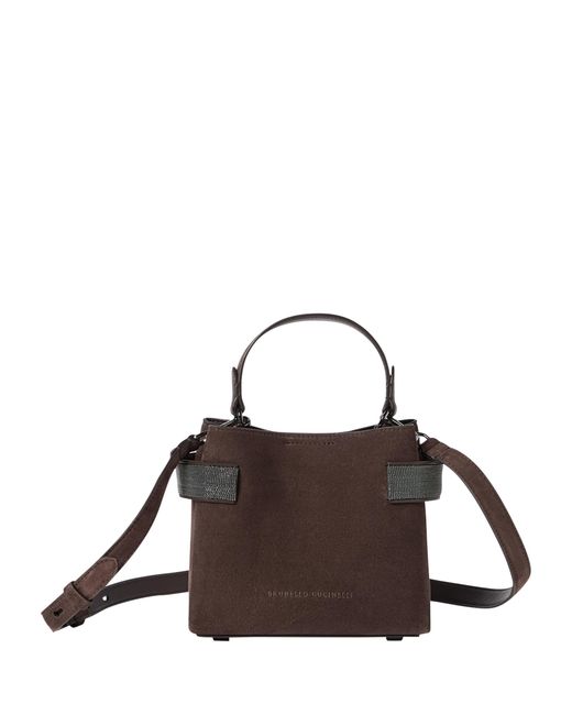 Brunello Cucinelli Brown Small Suede Essence Top-Handle Bag