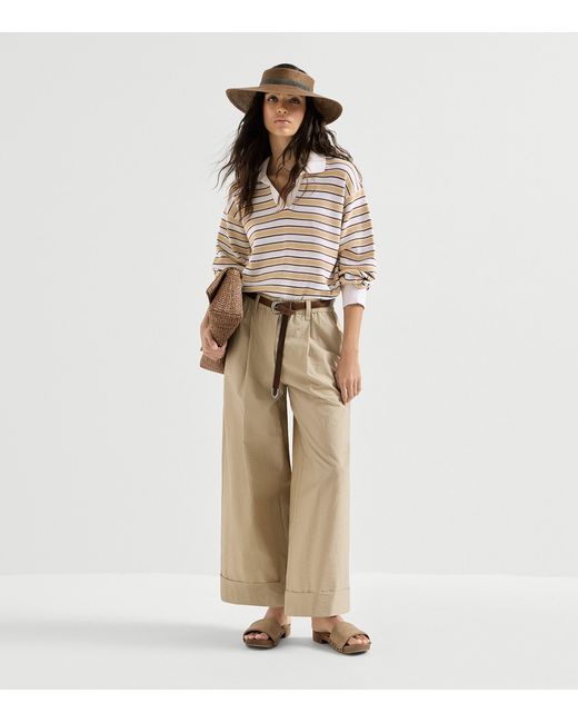Brunello Cucinelli White Cotton-Blend Stripe Polo Sweater