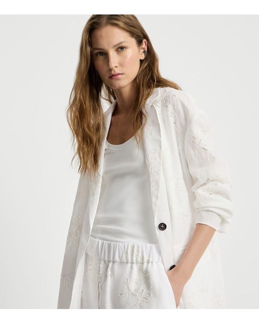 Brunello Cucinelli White Cotton Monili Organza Blazer