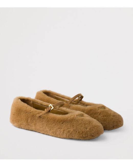 Prada Brown Shearling Ballet Flats