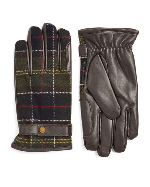 Barbour Black Leather And Tartan Newbrough Gloves for men
