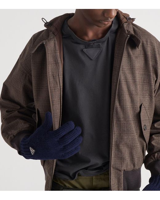 Prada Blue Wool Logo Gloves for men