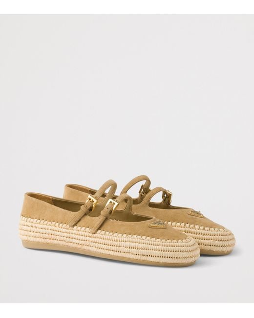 Prada Natural Leather And Raffia Ballet Flats