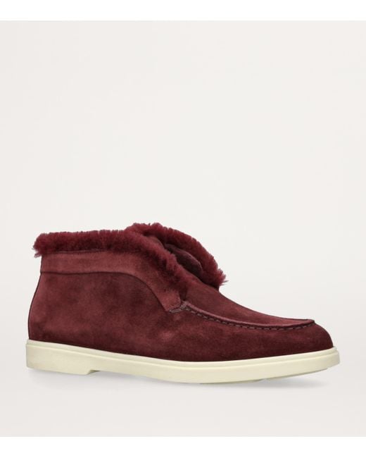 Santoni Red Suede Fur-Trim Fortune Ankle Boots