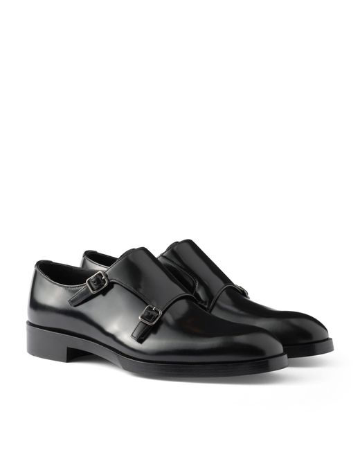 Prada Black Leather Double Monk Shoes for men
