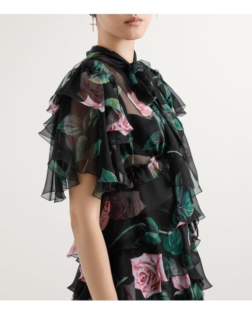 Dolce & Gabbana Black Rose- Chiffon Calf-Length Dress With Ruffles And Flounces