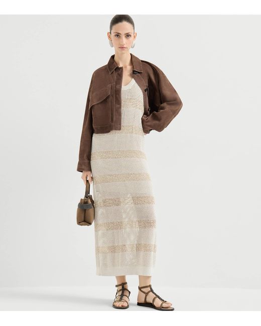 Brunello Cucinelli White Cotton Stripe Knit Maxi Dress