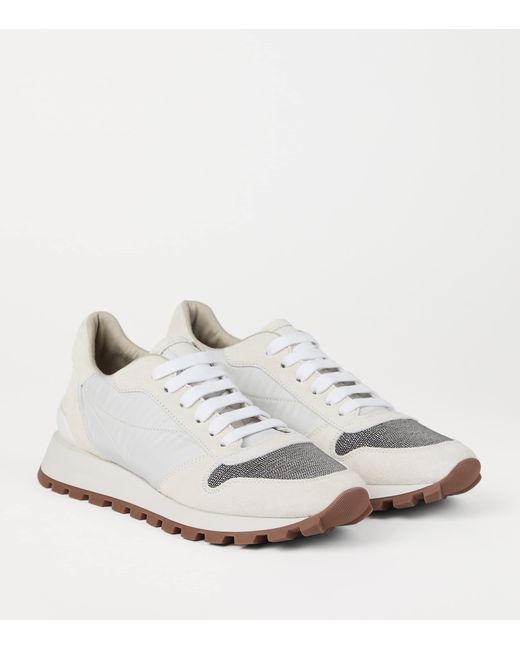 Brunello Cucinelli White Suede Technical Running Sneakers