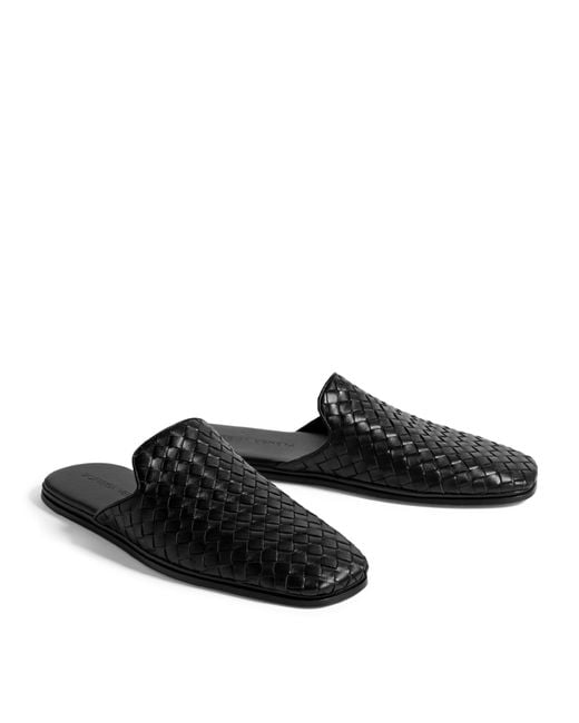 Bottega Veneta Black Leather Intrecciato Slippers