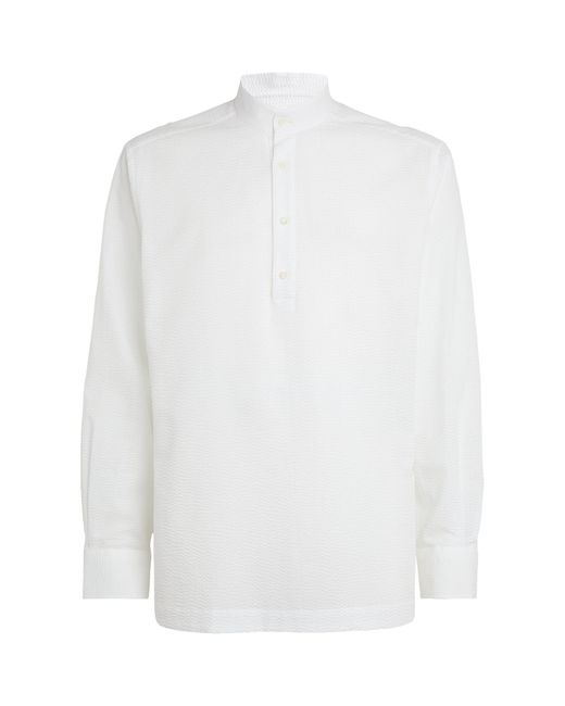 Corneliani White Seersucker Collarless Shirt for men