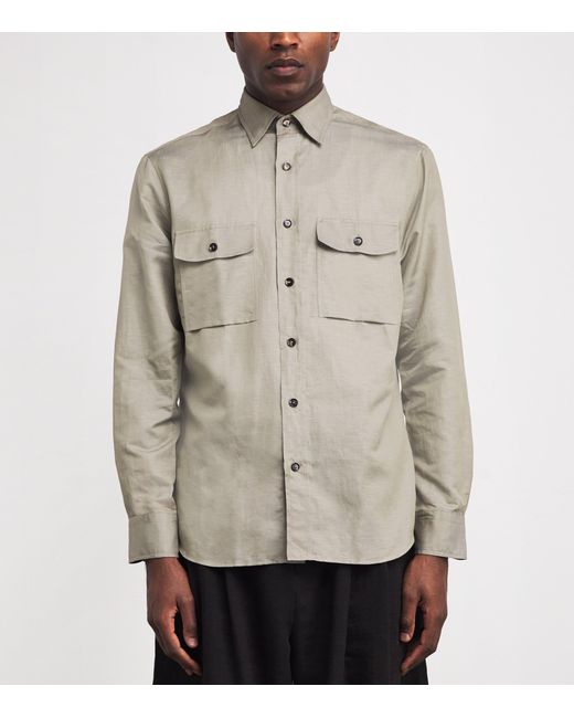 Brioni Gray Cotton-Linen Twin-Pocket Shirt for men