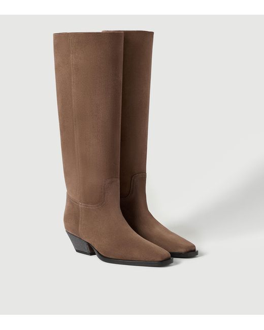 Brunello Cucinelli Brown Suede Monili-Heel Knee-High Boots 50