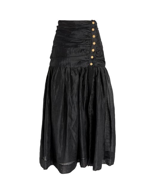 Sandro Black Satin Ruched Midi Skirt
