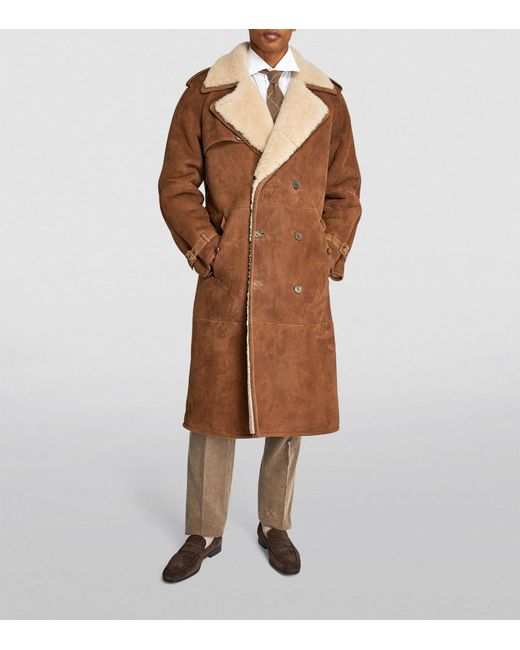 Ralph Lauren Purple Label Brown Suede-shearling Belted Coat for men