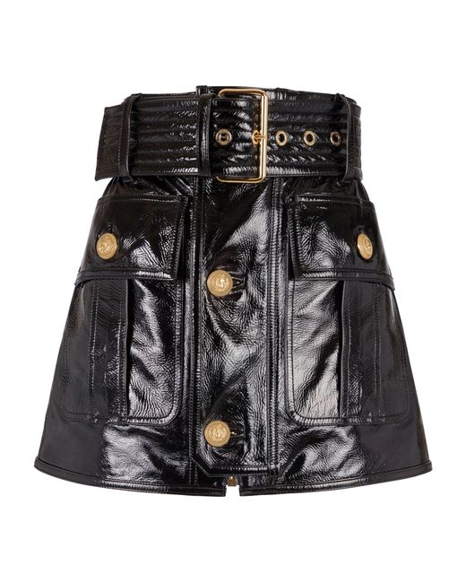 Balmain Black Lambskin Belted Mini Skirt