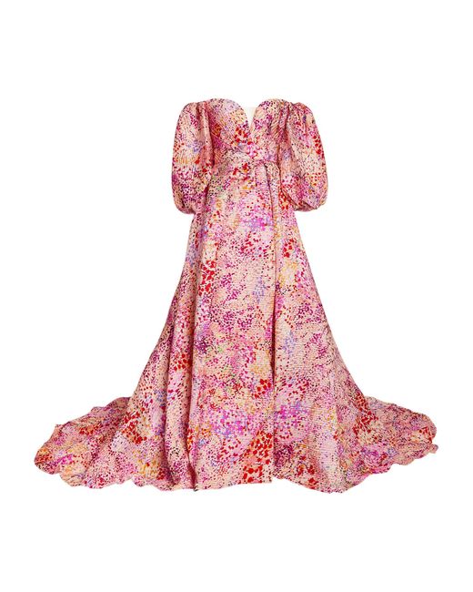 Monique Lhuillier Pink Floral Off-the-shoulder Gown