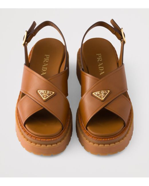 Prada Brown Leather Crossover Platform Sandals 55