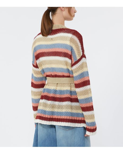 Weekend by Maxmara White Linen Open-Knit Stripe Cardigan