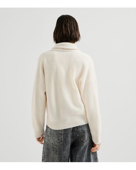 Brunello Cucinelli White Cashmere English Rib Asymmetric Cardigan