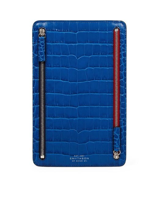 Smythson Blue Panama Leather Multi-Zip Travel Wallet