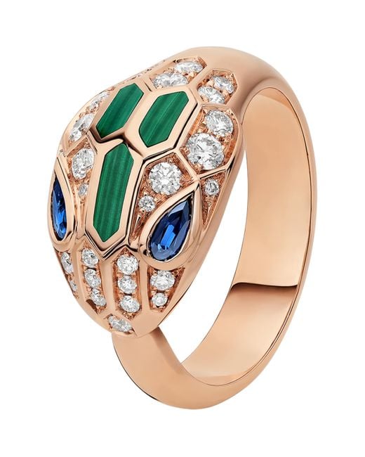 BVLGARI Metallic Diamond, Sapphire And Malachite Serpenti Ring