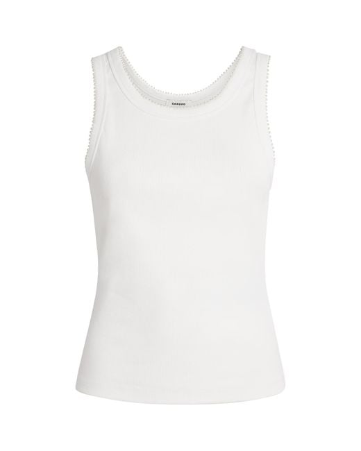 Sandro White Stretch-Cotton Beaded Tank Top