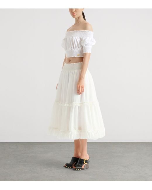 Balmain White Poplin Gathered Flared Skirt