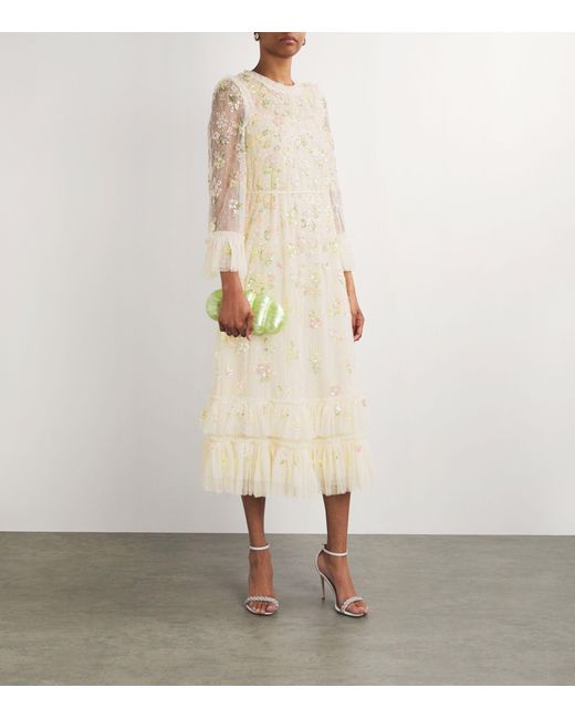 Needle & Thread Natural Sequinned Bloom Gloss Midi Dress